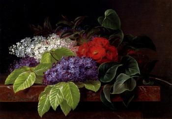 約翰 勞倫茨 延森 White And Purple Lilacs Camellia And Beech Leaves On A Marble Ledge 約翰 勞倫茨 延森 White And Purple Lilacs Camellia And Beech Leaves On A Marble Ledge